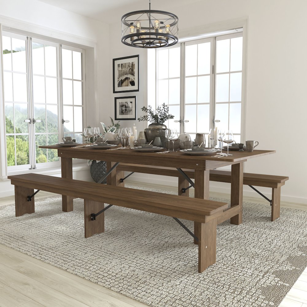 8′ x 40” Antique Rustic Folding Farm Table and Two Bench Set