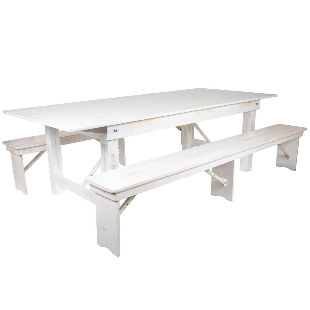 8′ x 40″ Antique Rustic White Folding Farm Table and Two Bench Set