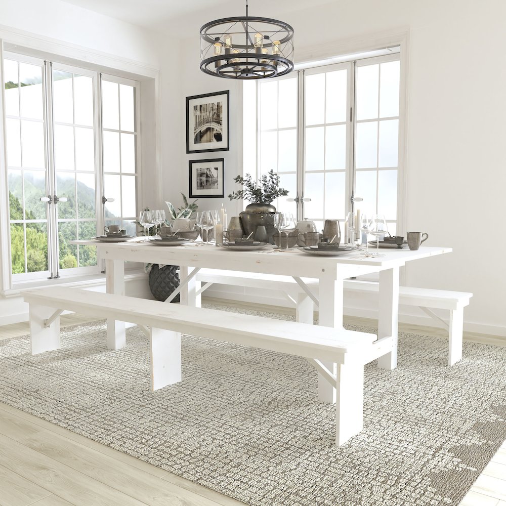 8′ x 40″ Antique Rustic White Folding Farm Table and Two Bench Set