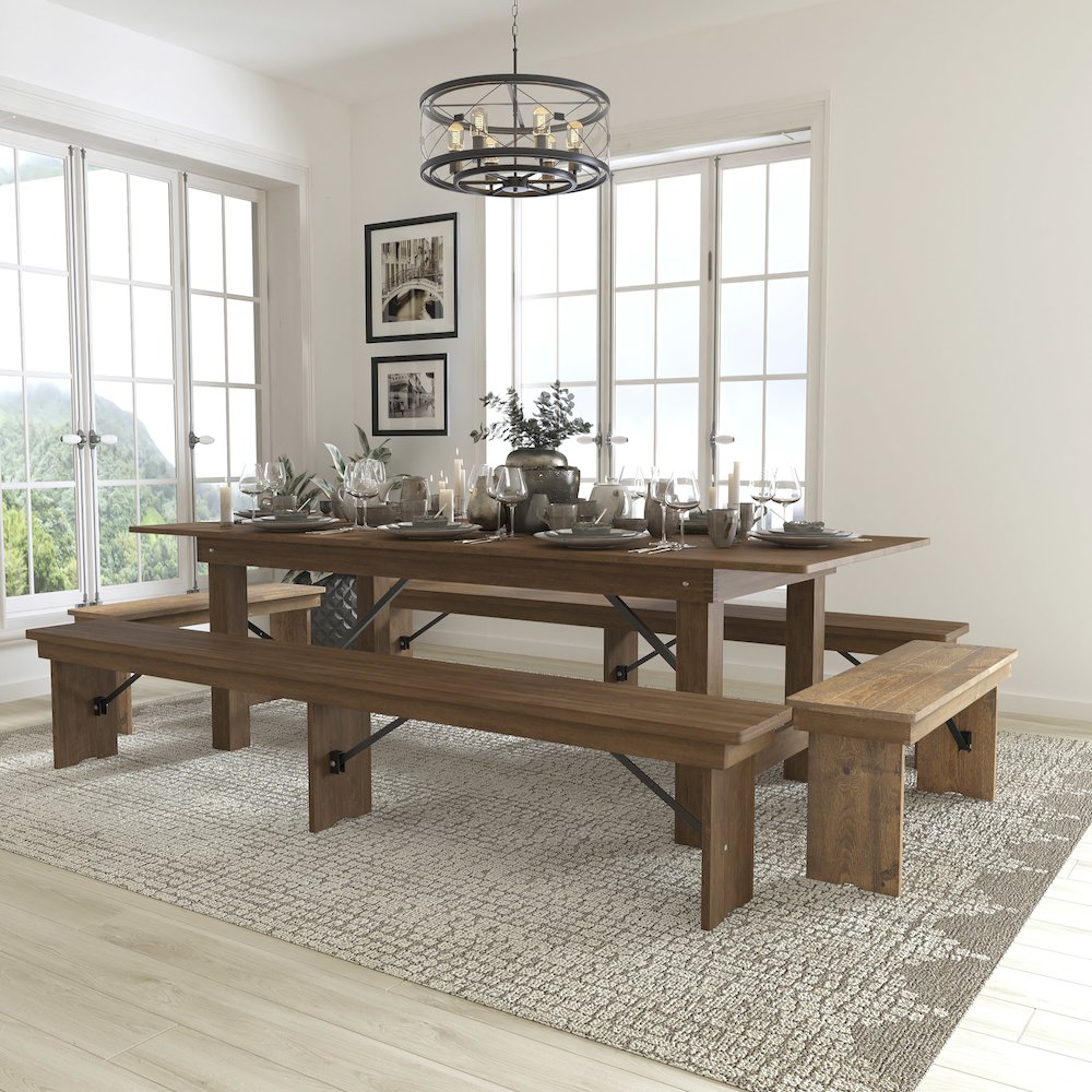 8′ x 40” Antique Rustic Folding Farm Table and Four Bench Set
