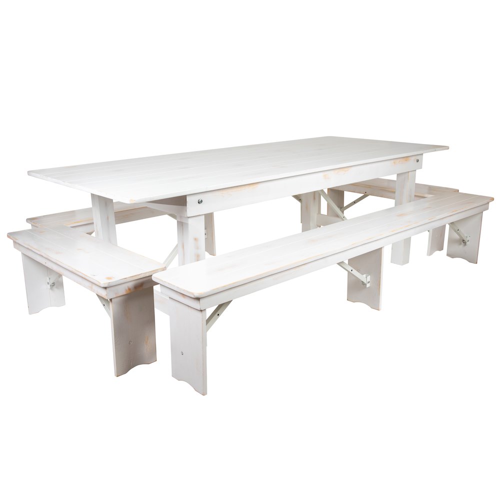8′ x 40″ Antique Rustic White Folding Farm Table and Four Bench Set