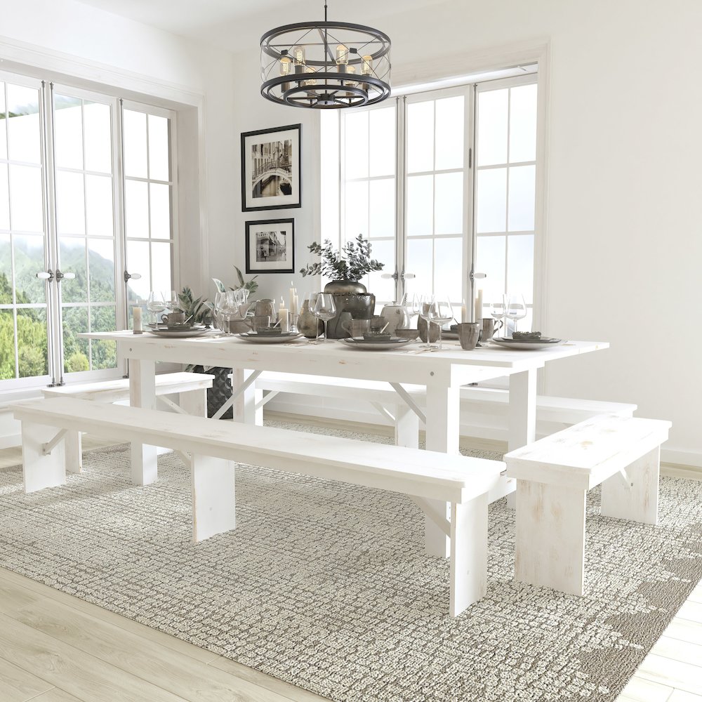 8′ x 40″ Antique Rustic White Folding Farm Table and Four Bench Set