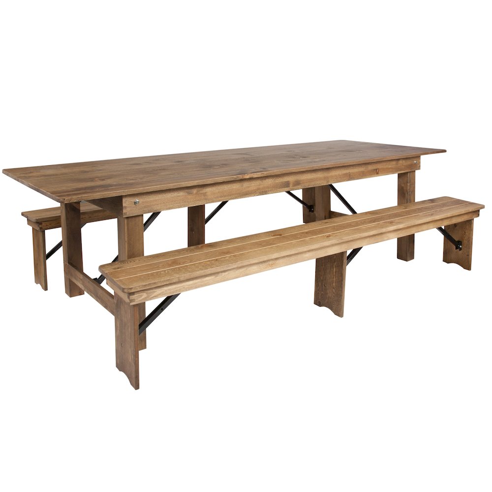 9′ x 40” Antique Rustic Folding Farm Table and Two Bench Set