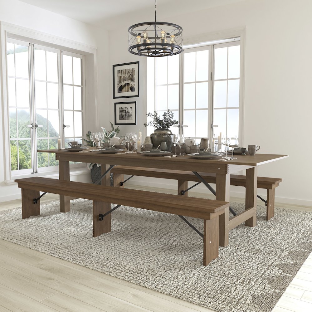 9′ x 40” Antique Rustic Folding Farm Table and Two Bench Set