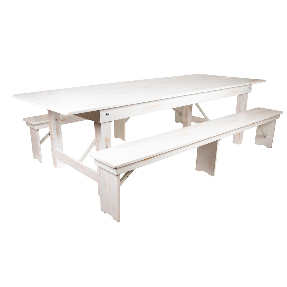 9′ x 40″ Antique Rustic White Folding Farm Table and Two Bench Set