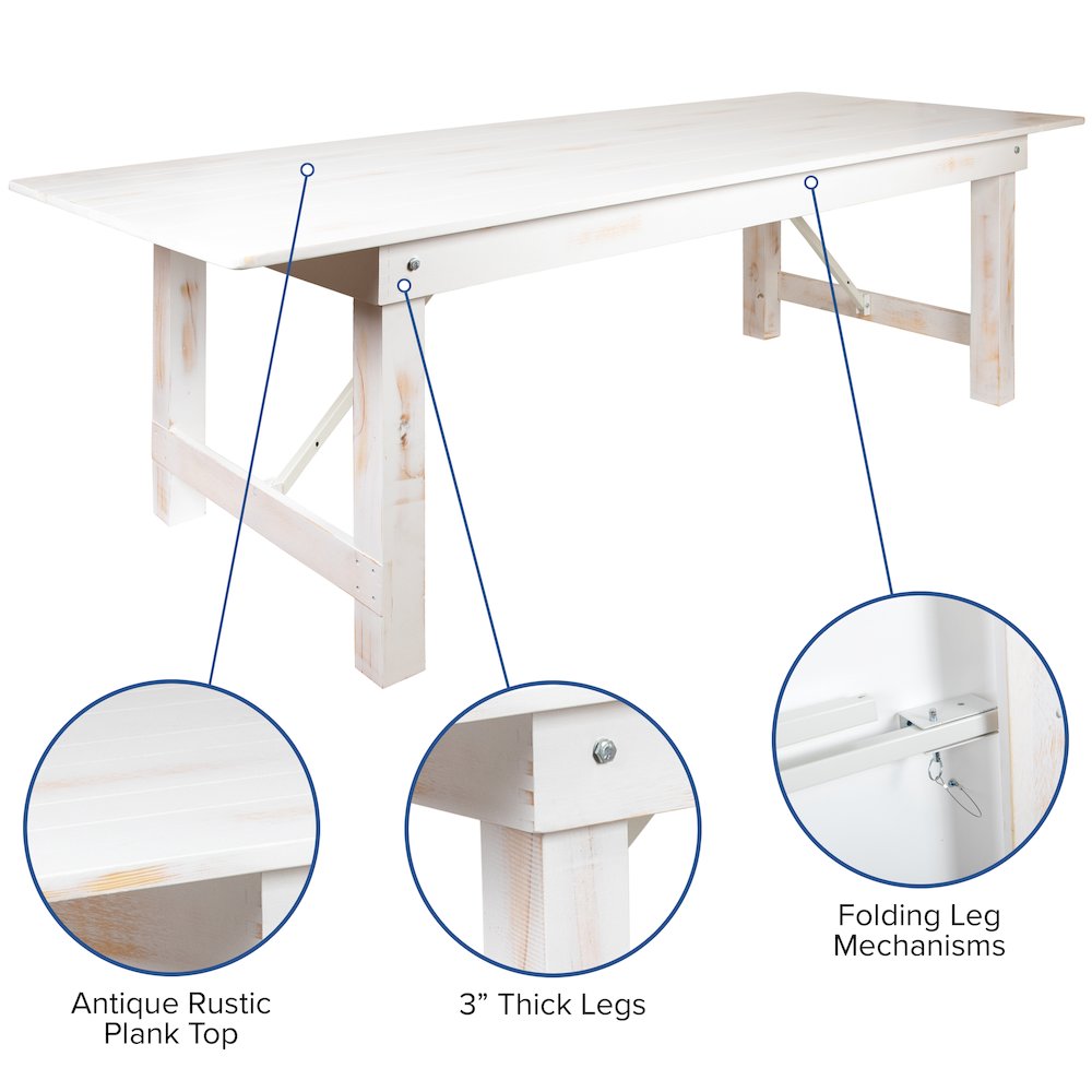 9′ x 40″ Antique Rustic White Folding Farm Table and Two Bench Set