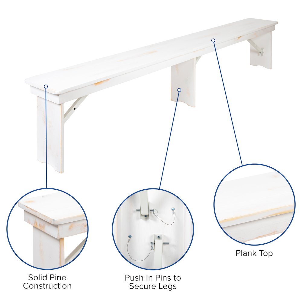 9′ x 40″ Antique Rustic White Folding Farm Table and Two Bench Set