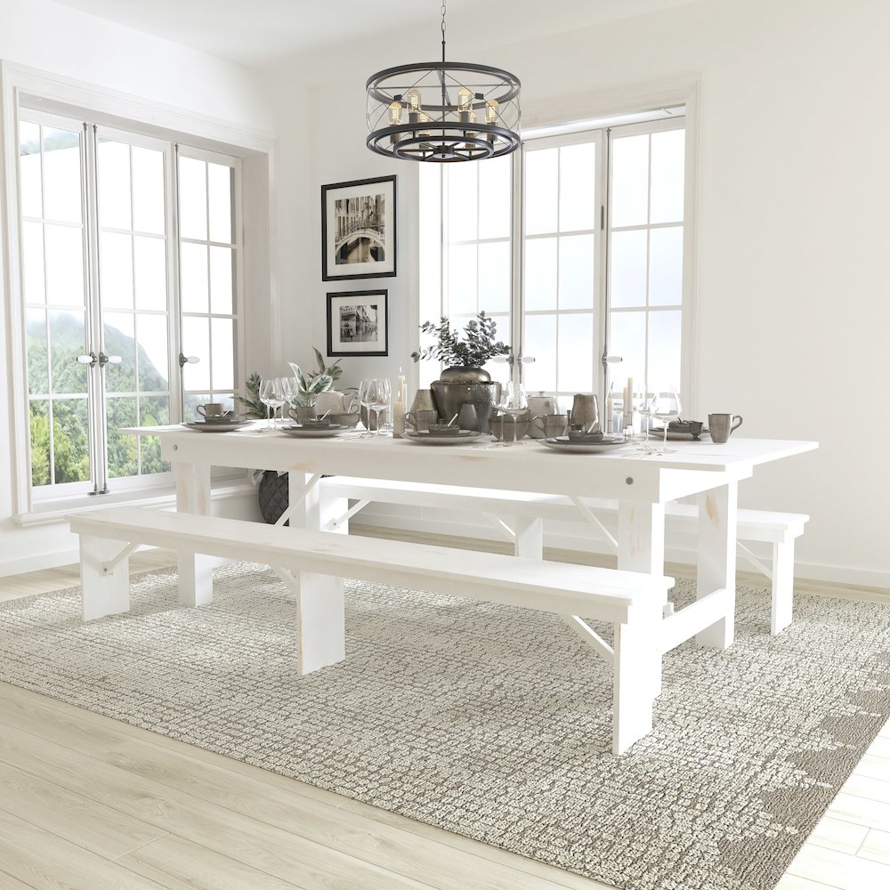 9′ x 40″ Antique Rustic White Folding Farm Table and Two Bench Set
