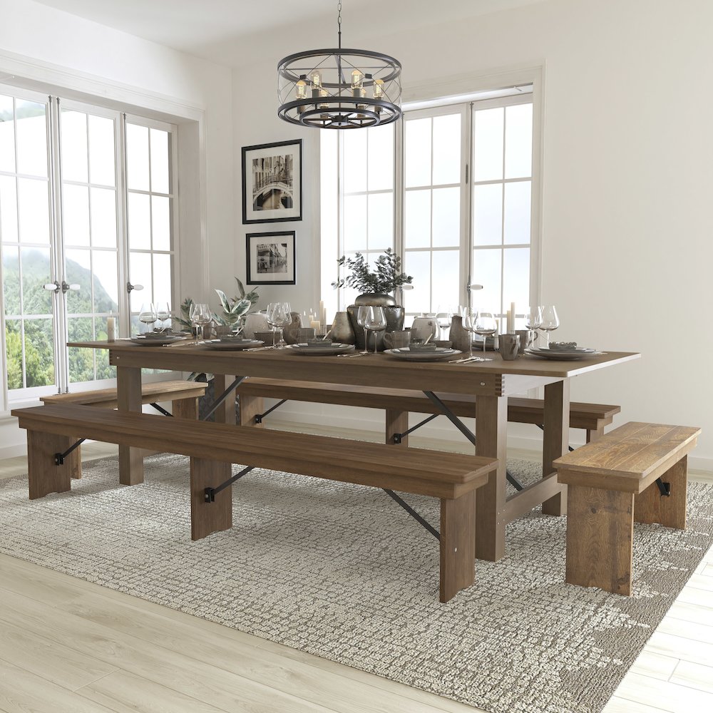 9′ x 40” Antique Rustic Folding Farm Table and Four Bench Set