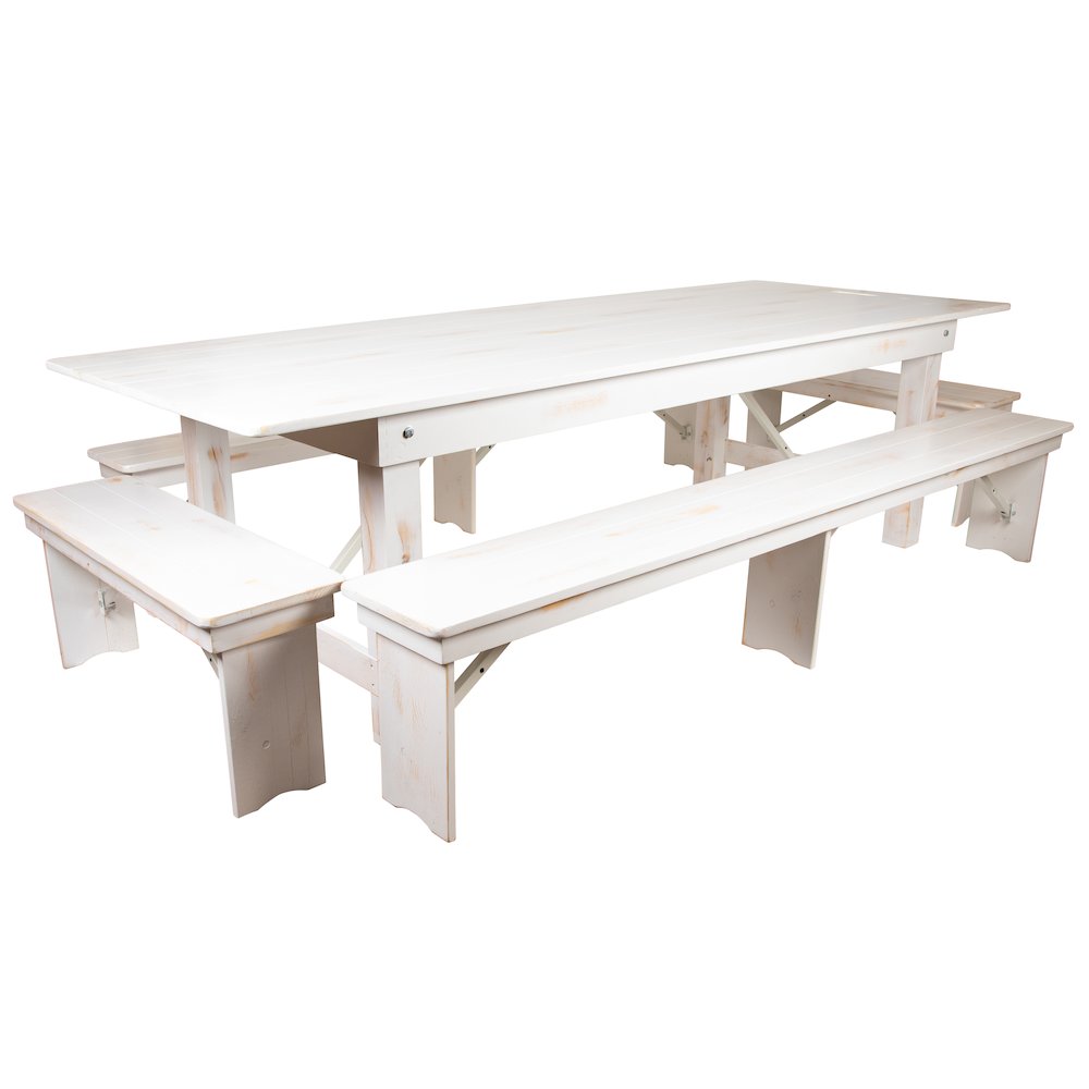 9′ x 40″ Antique Rustic White Folding Farm Table and Four Bench Set