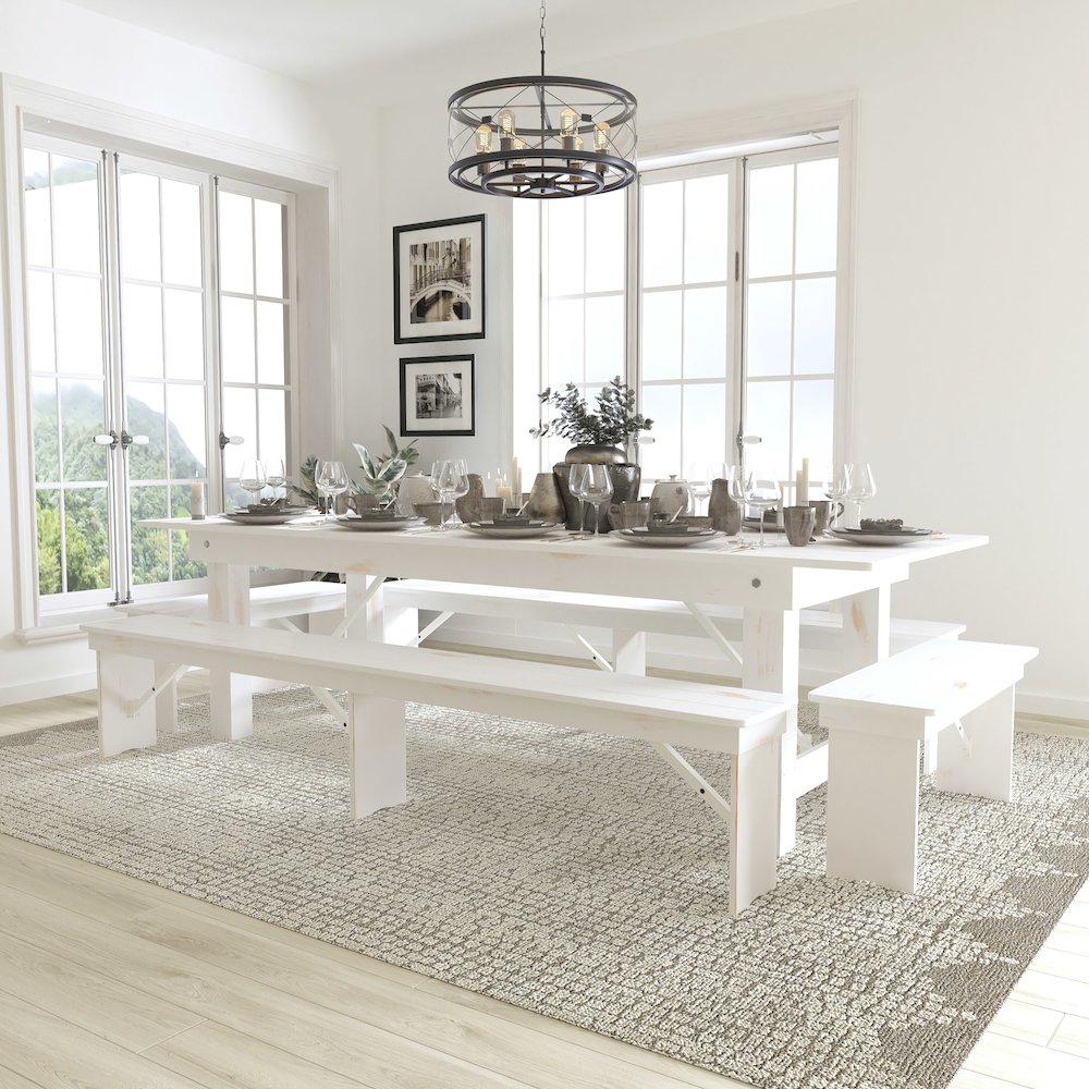 9′ x 40″ Antique Rustic White Folding Farm Table and Four Bench Set