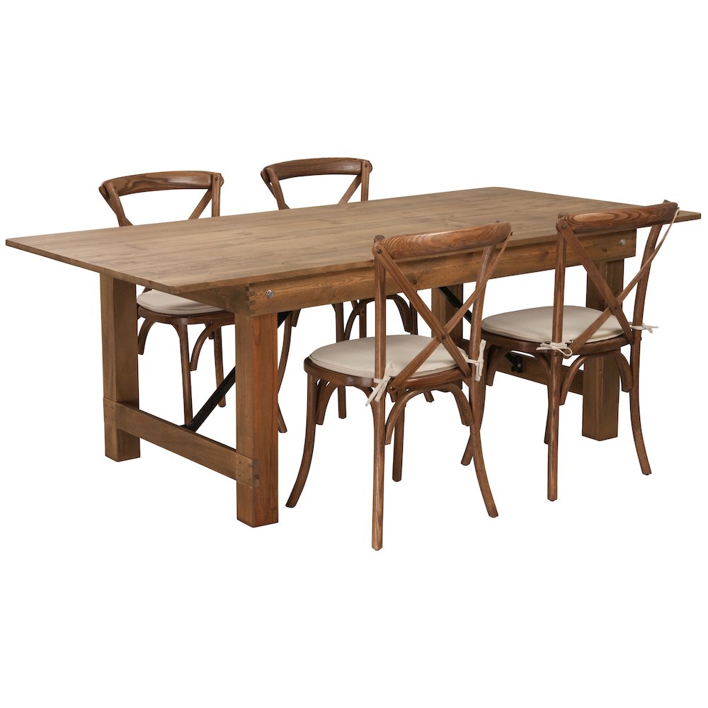 7′ x 40” Antique Folding Farm Table Set with 4 Cross Back Chairs and Cushions
