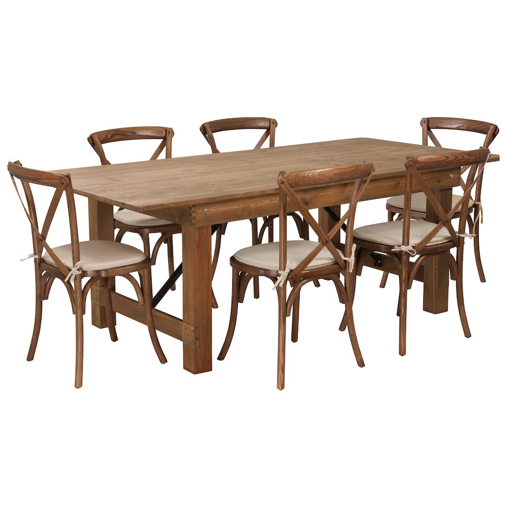 7′ x 40” Antique Folding Farm Table Set with 6 Cross Back Chairs and Cushions