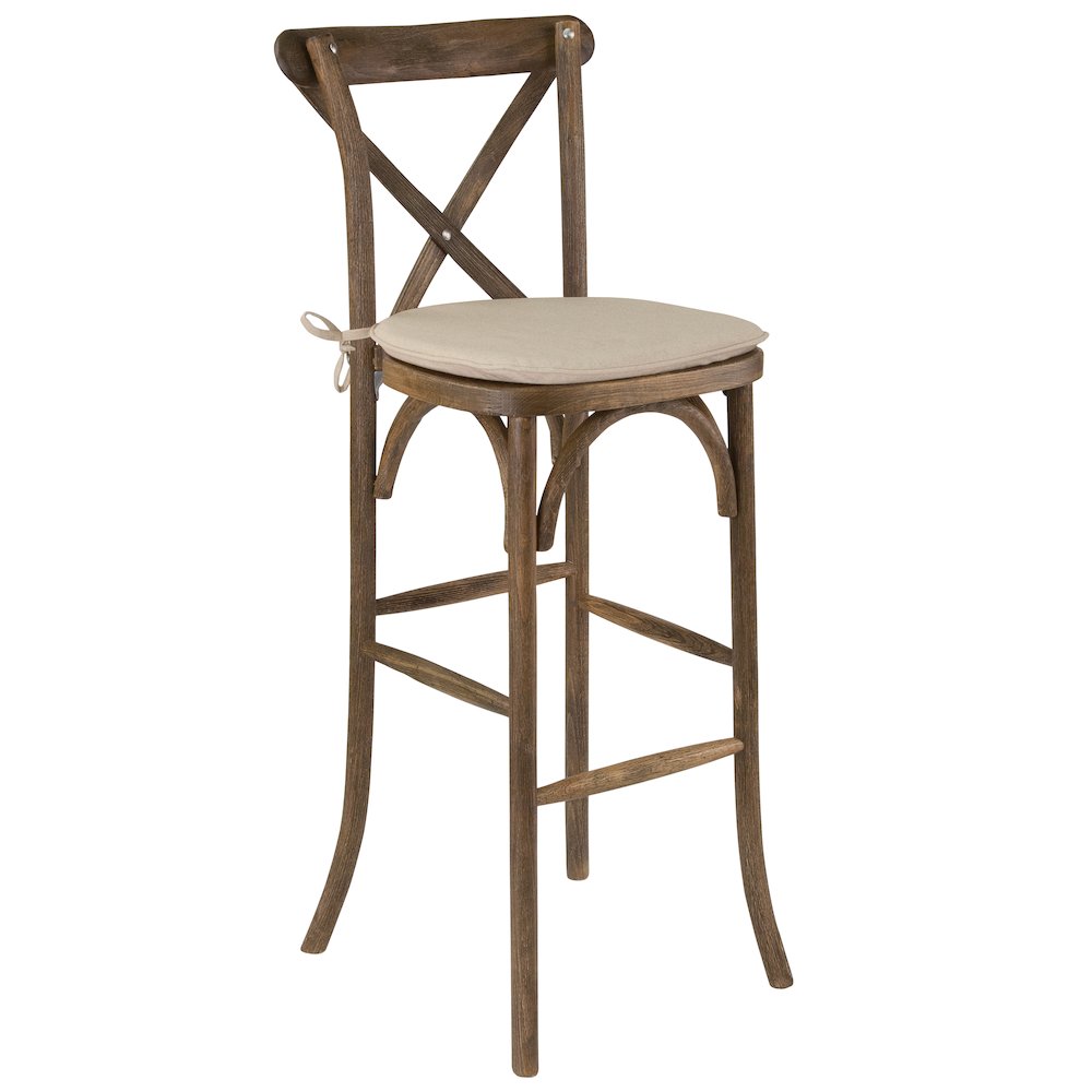 Dark Antique Wood Cross Back Barstool with Cushion