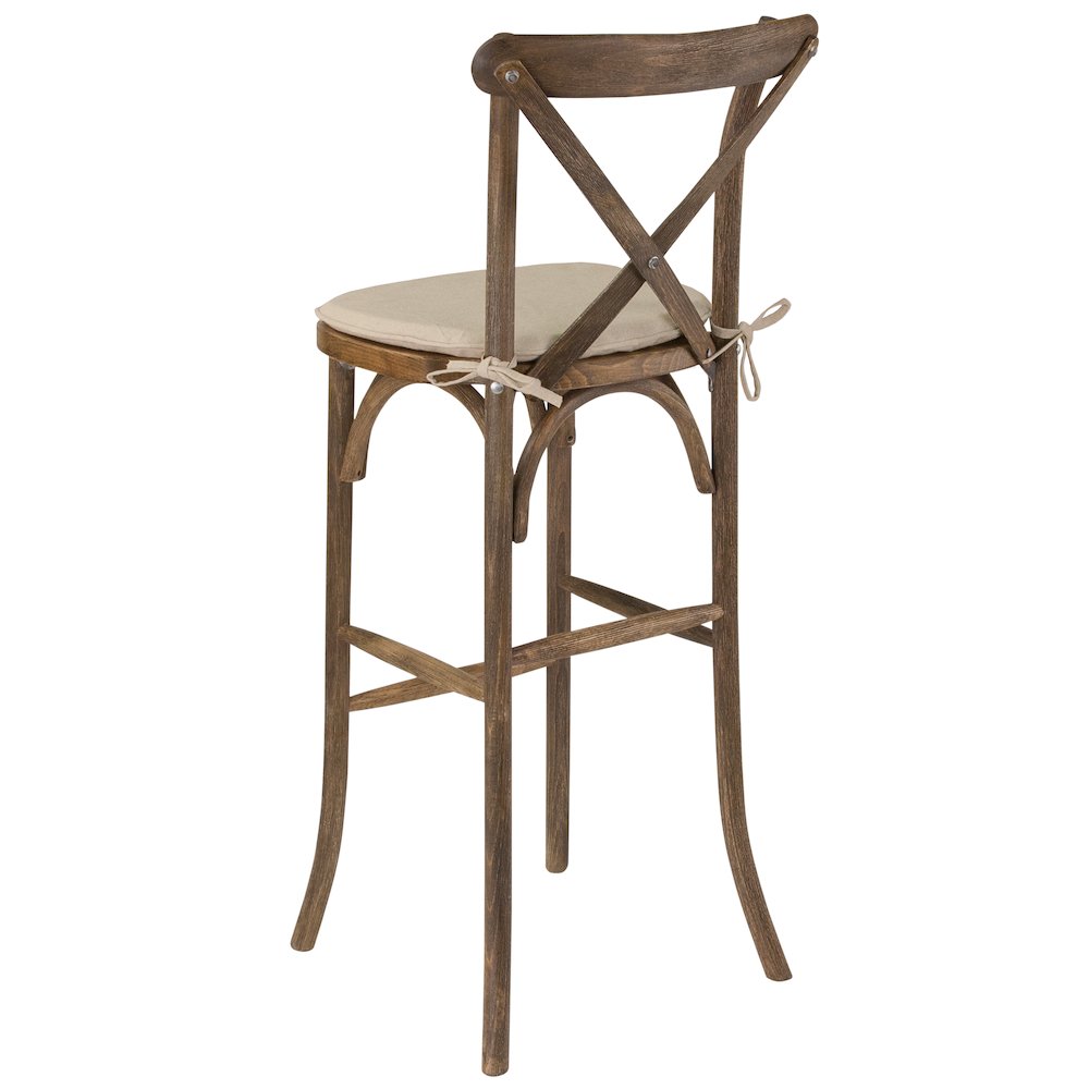 Dark Antique Wood Cross Back Barstool with Cushion