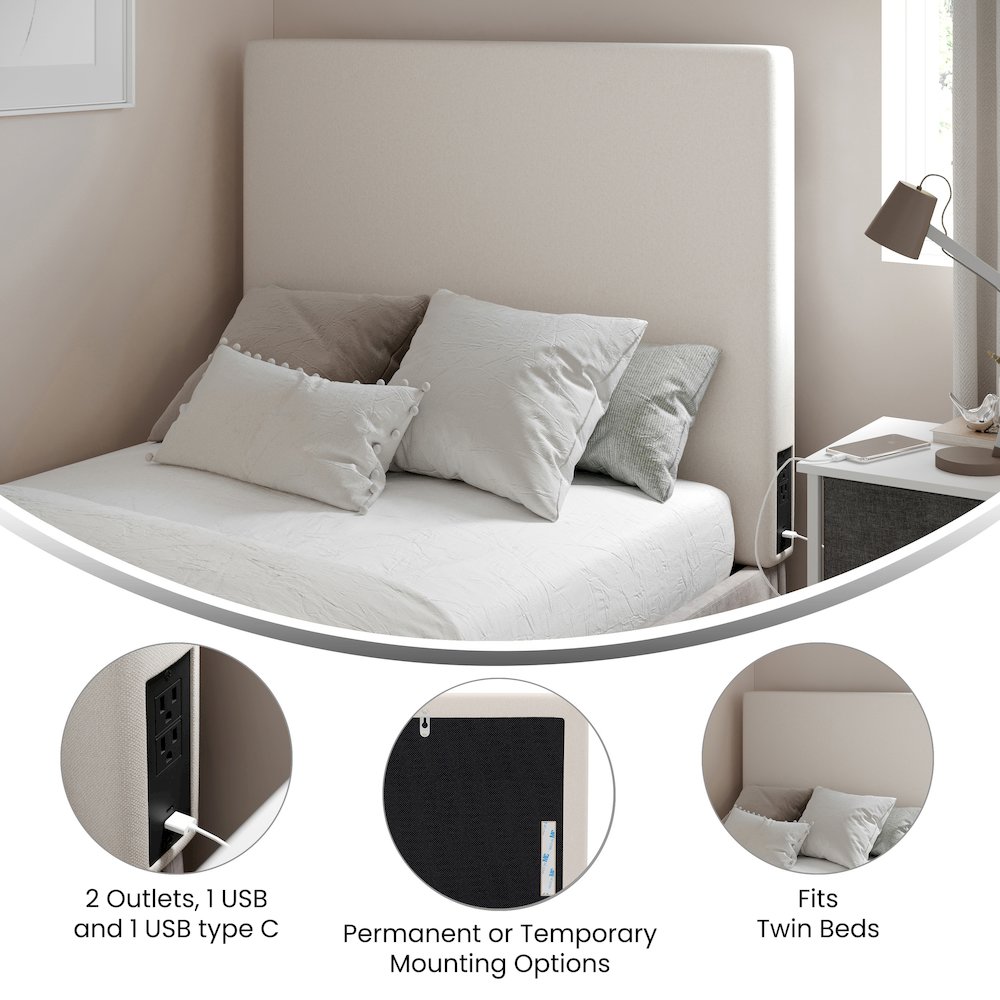 Upholstered Twin Headboard with Two Power Outlets