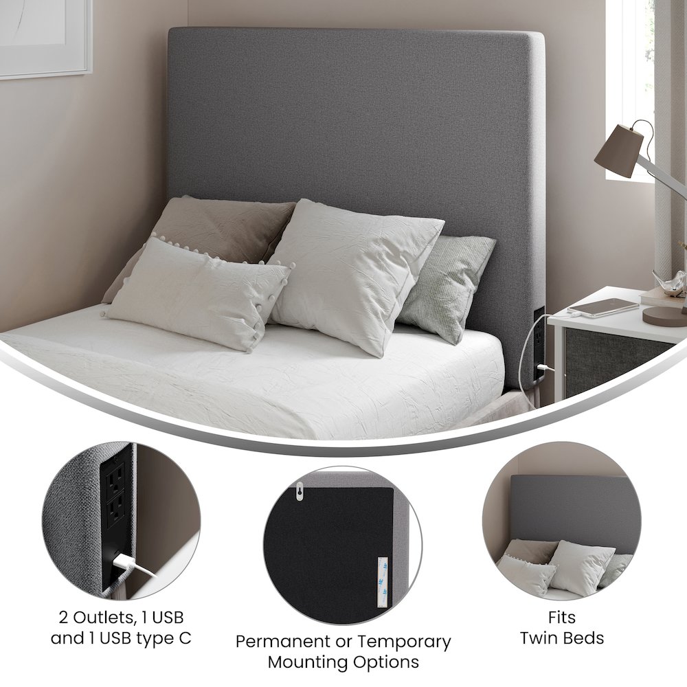 Upholstered Twin Headboard with Two Power Outlets