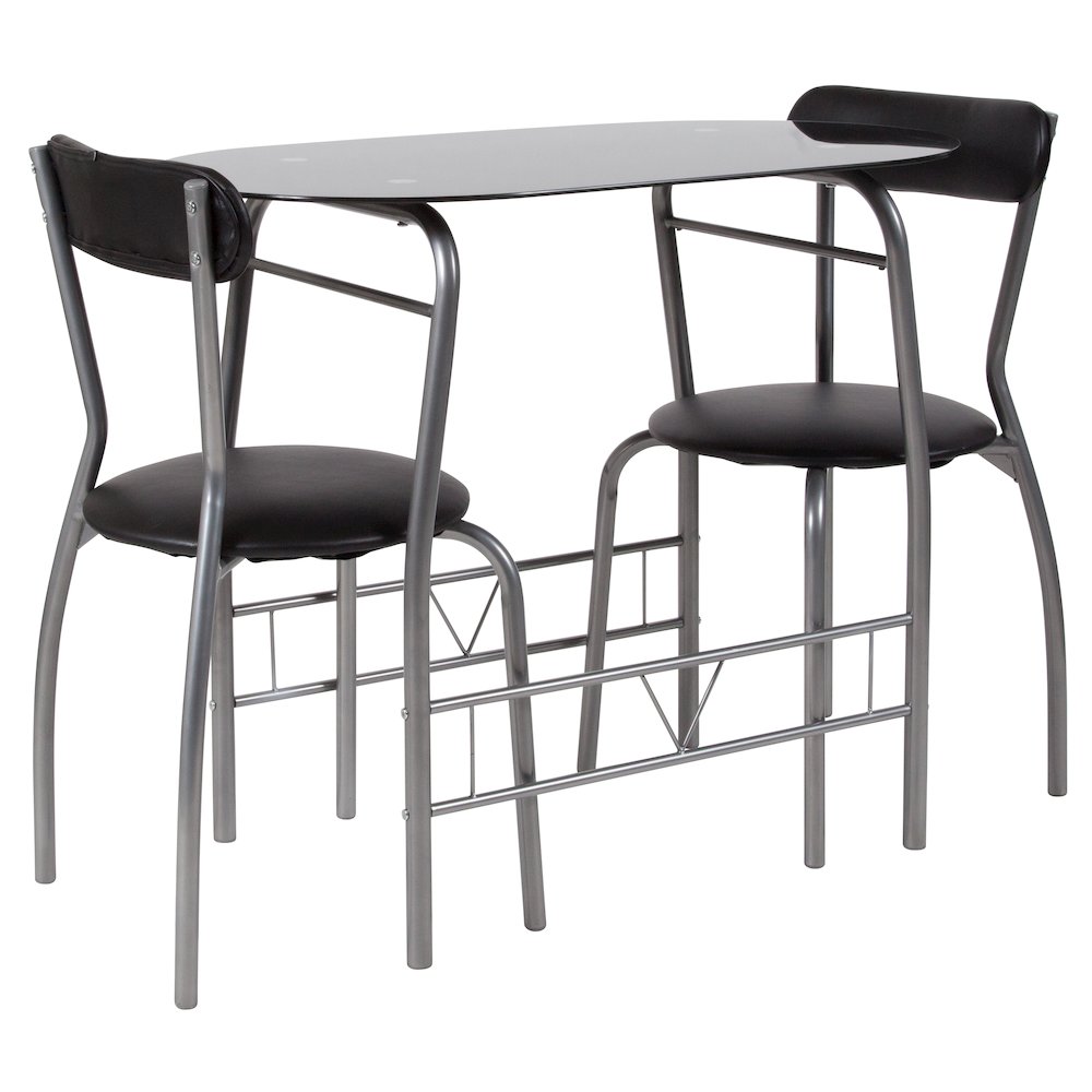 3 Piece Bistro Set with Black Glass Top Table and Black Vinyl Padded Chairs