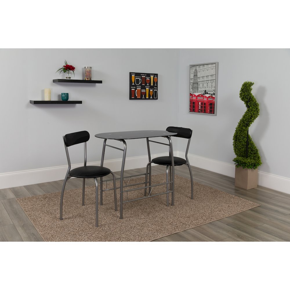 3 Piece Bistro Set with Black Glass Top Table and Black Vinyl Padded Chairs