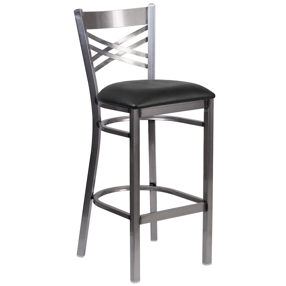 Clear Coated ”X” Back Metal Restaurant Barstool – Black Vinyl Seat