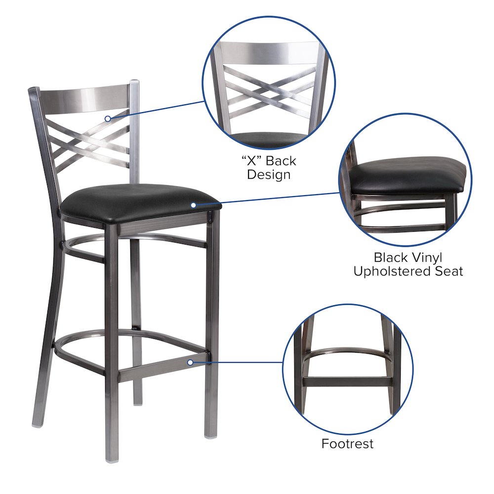 Clear Coated ”X” Back Metal Restaurant Barstool – Black Vinyl Seat