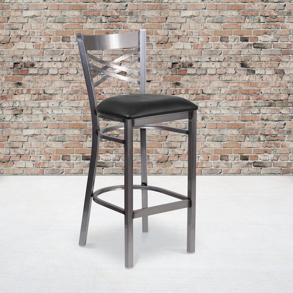 Clear Coated ”X” Back Metal Restaurant Barstool – Black Vinyl Seat