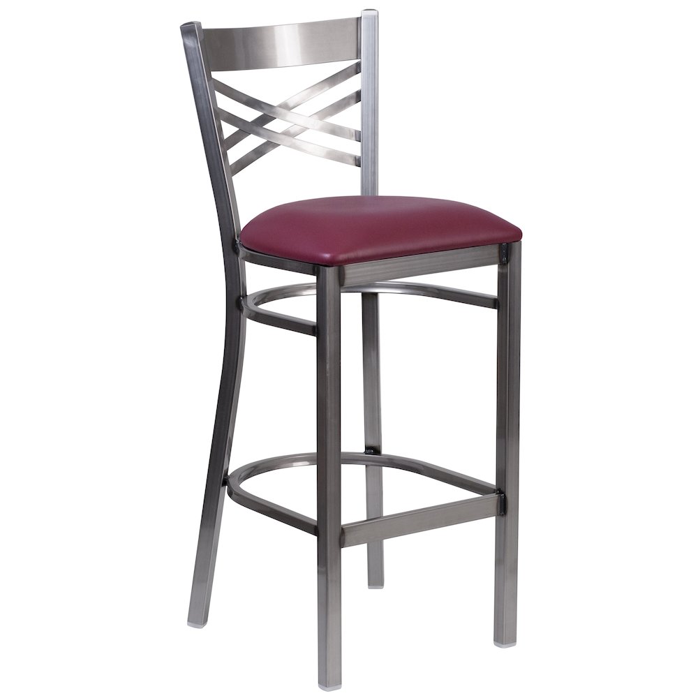 Clear Coated ”X” Back Metal Restaurant Barstool – Burgundy Vinyl Seat