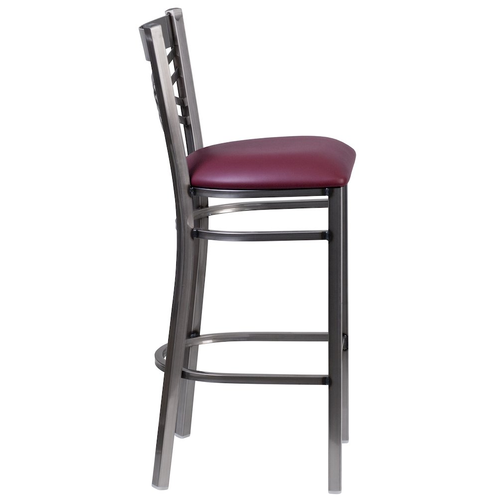 Clear Coated ”X” Back Metal Restaurant Barstool – Burgundy Vinyl Seat
