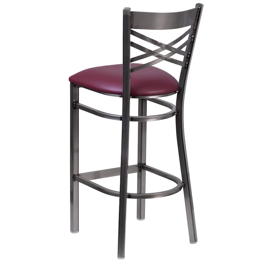 Clear Coated ”X” Back Metal Restaurant Barstool – Burgundy Vinyl Seat