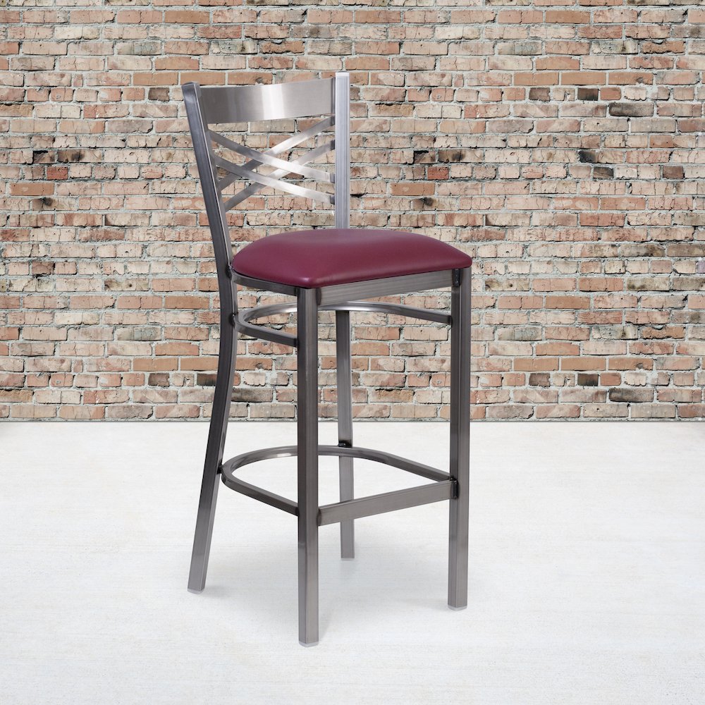 Clear Coated ”X” Back Metal Restaurant Barstool – Burgundy Vinyl Seat