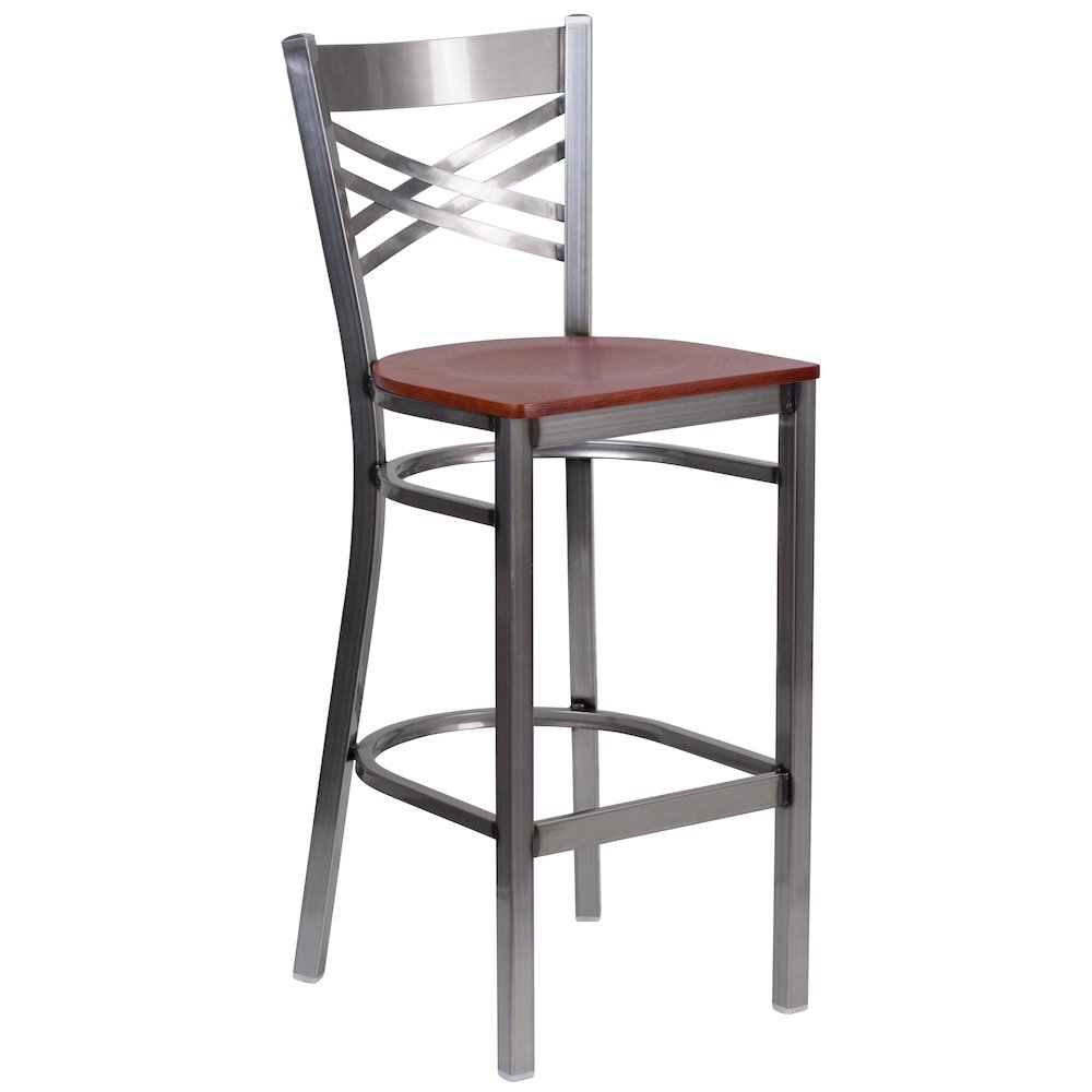 Clear Coated ”X” Back Metal Restaurant Barstool – Cherry Wood Seat
