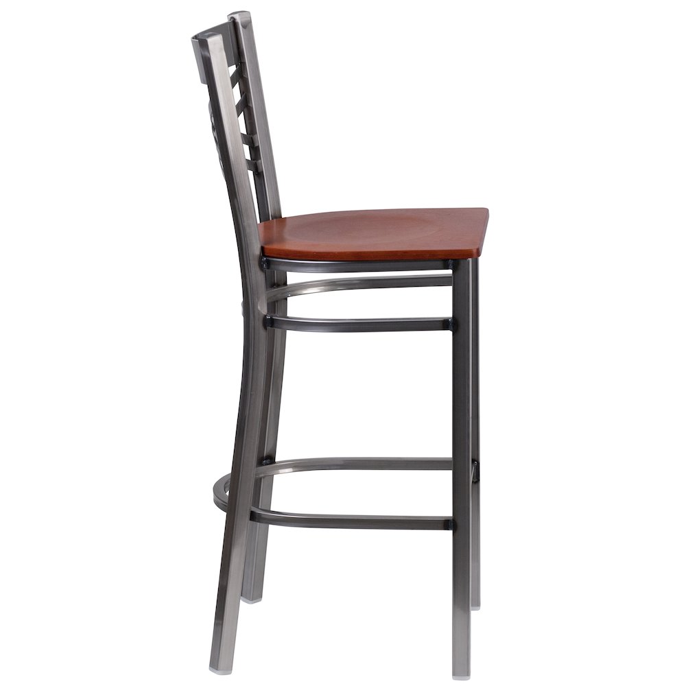 Clear Coated ”X” Back Metal Restaurant Barstool – Cherry Wood Seat
