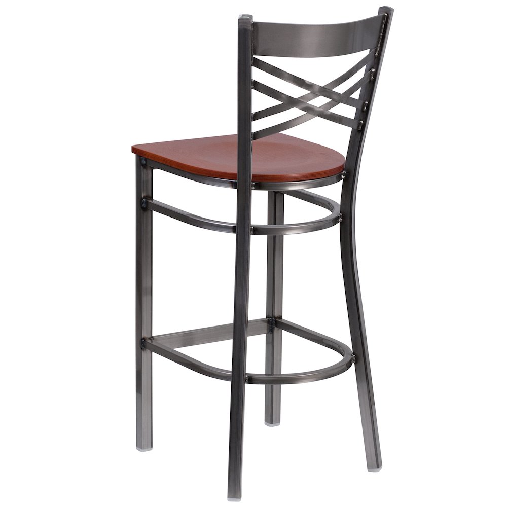 Clear Coated ”X” Back Metal Restaurant Barstool – Cherry Wood Seat