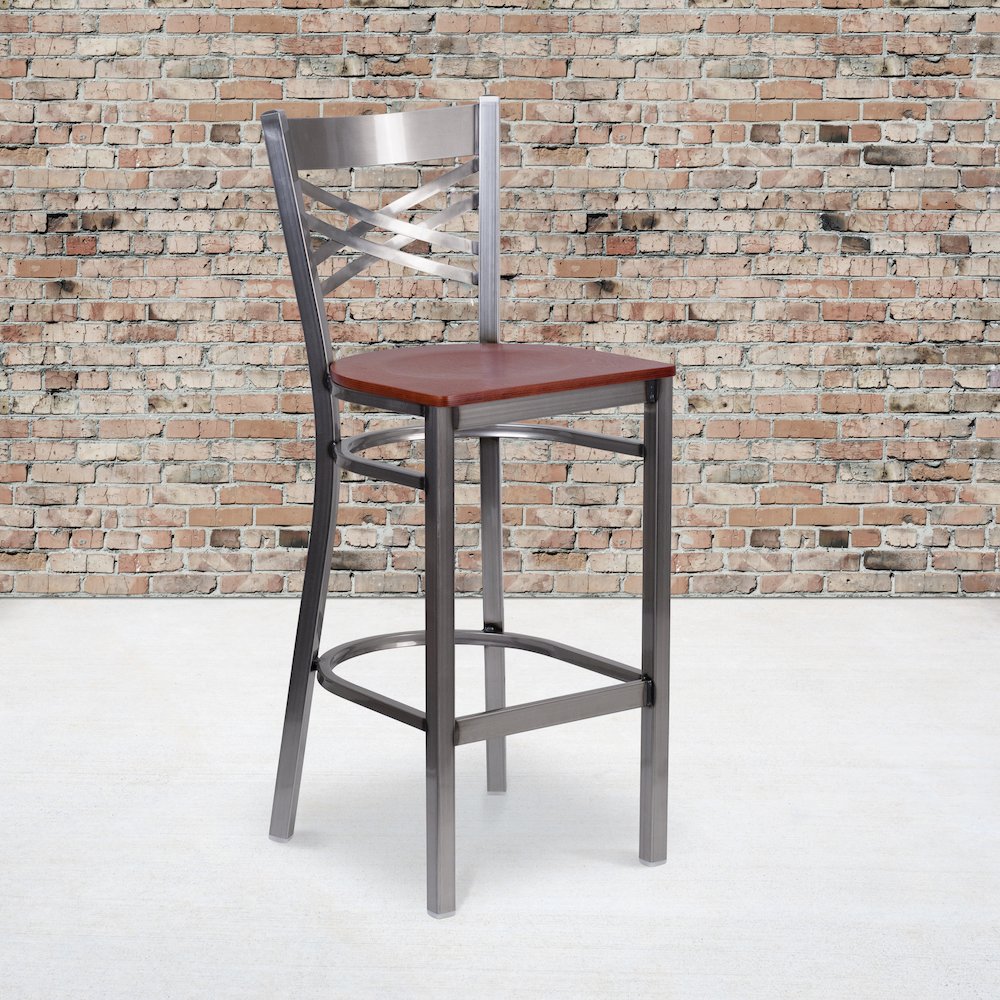 Clear Coated ”X” Back Metal Restaurant Barstool – Cherry Wood Seat