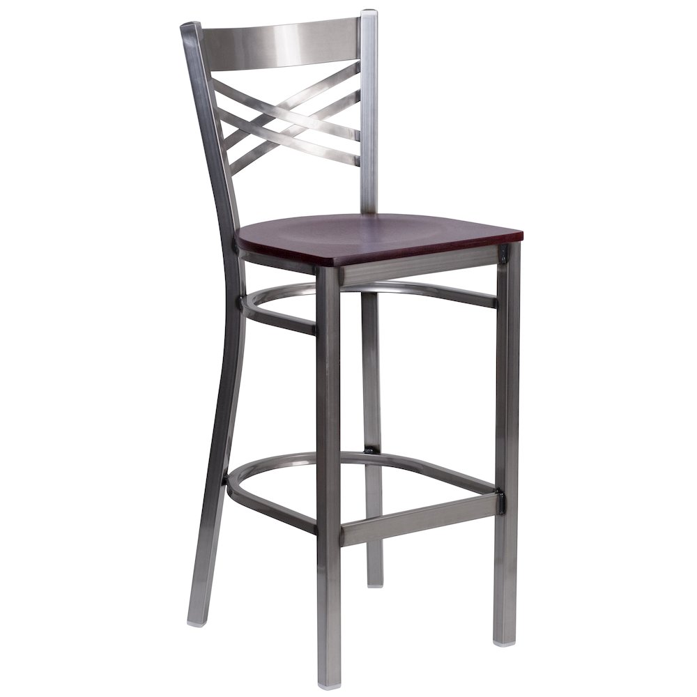 Clear Coated ”X” Back Metal Restaurant Barstool – Mahogany Wood Seat