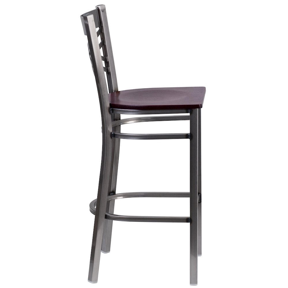 Clear Coated ”X” Back Metal Restaurant Barstool – Mahogany Wood Seat