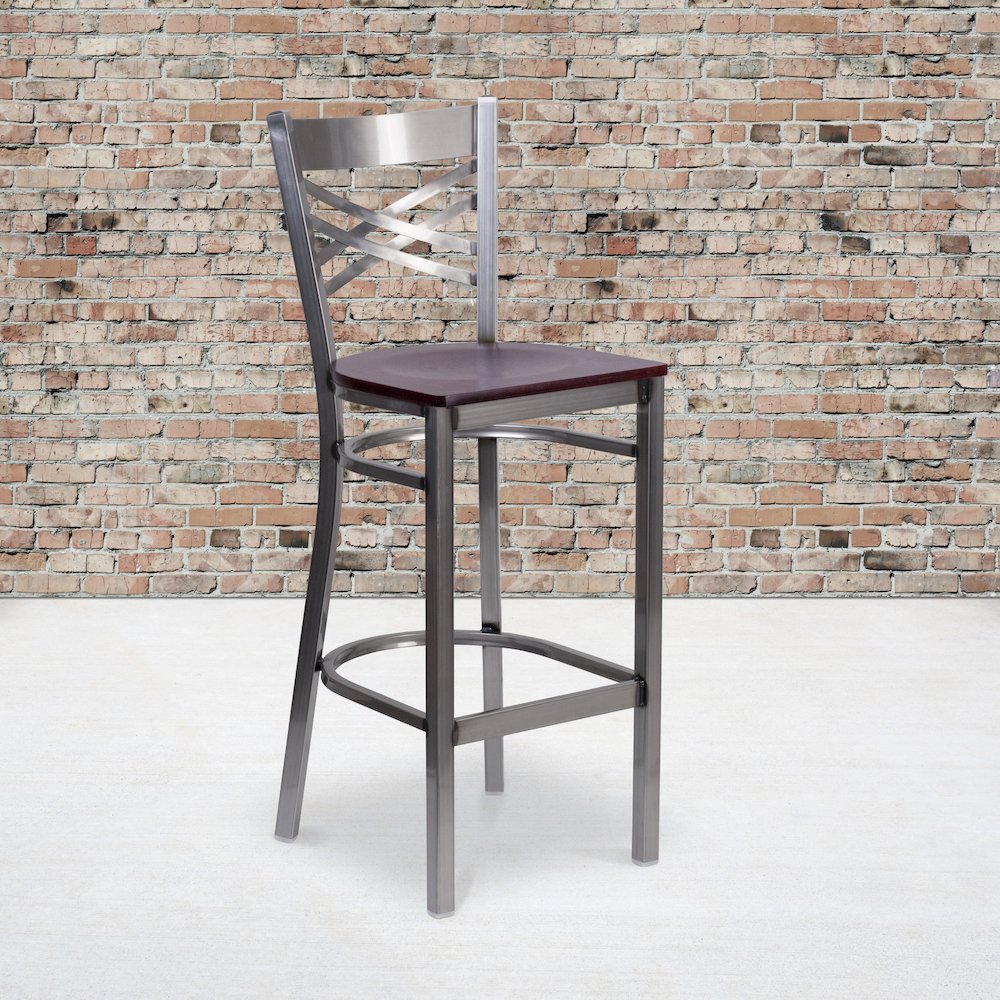 Clear Coated ”X” Back Metal Restaurant Barstool – Mahogany Wood Seat