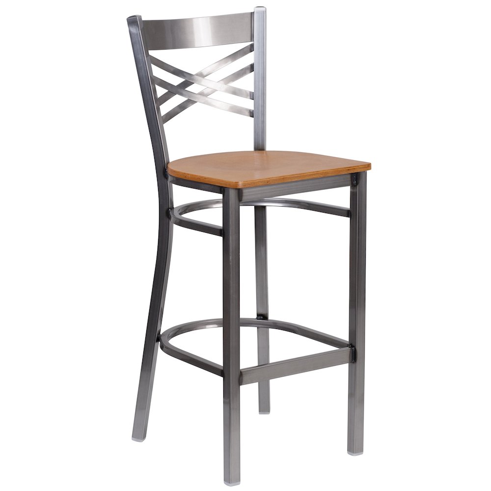 Clear Coated ”X” Back Metal Restaurant Barstool – Natural Wood Seat