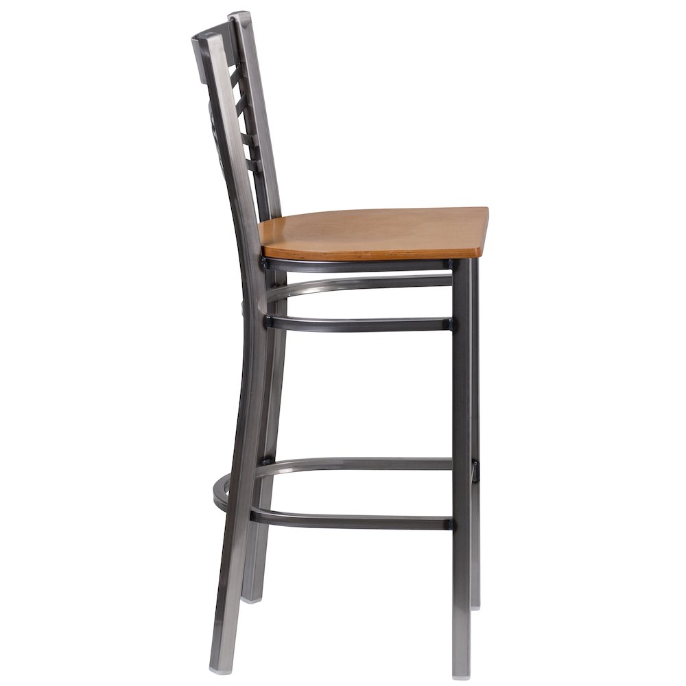 Clear Coated ”X” Back Metal Restaurant Barstool – Natural Wood Seat
