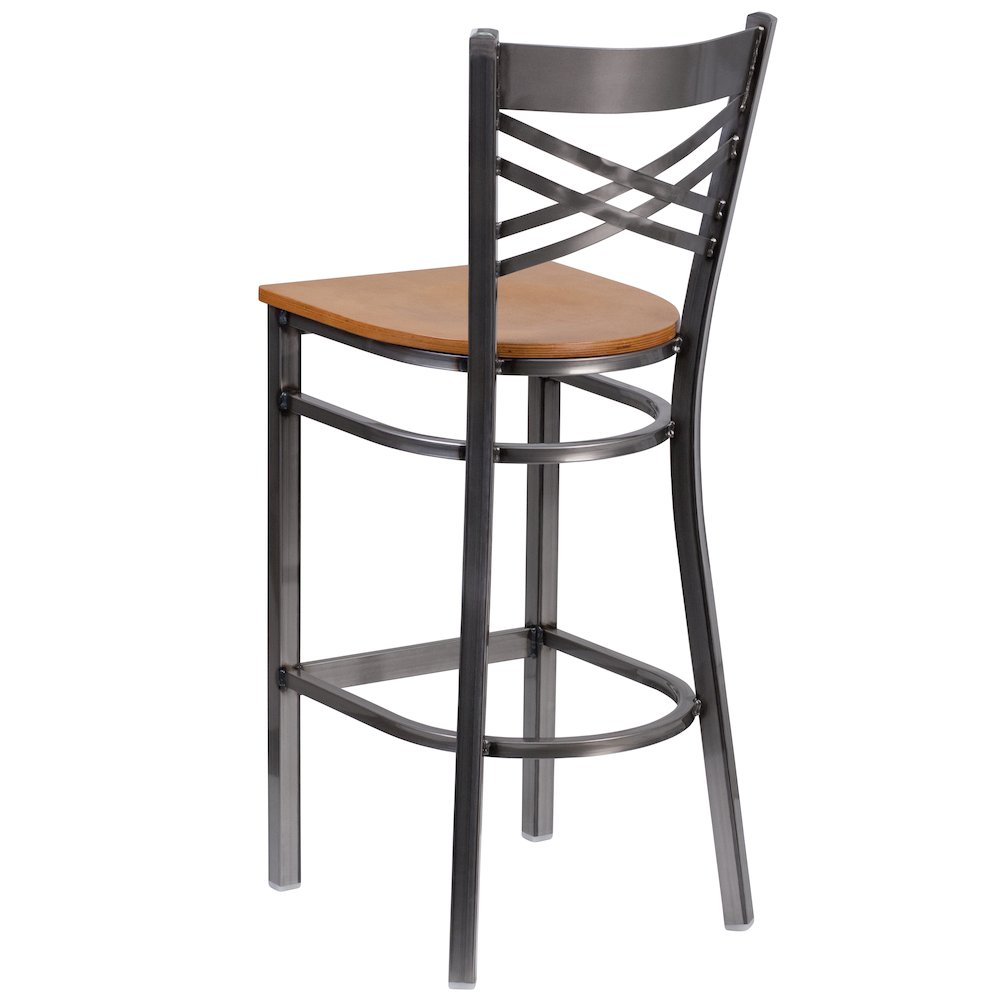 Clear Coated ”X” Back Metal Restaurant Barstool – Natural Wood Seat