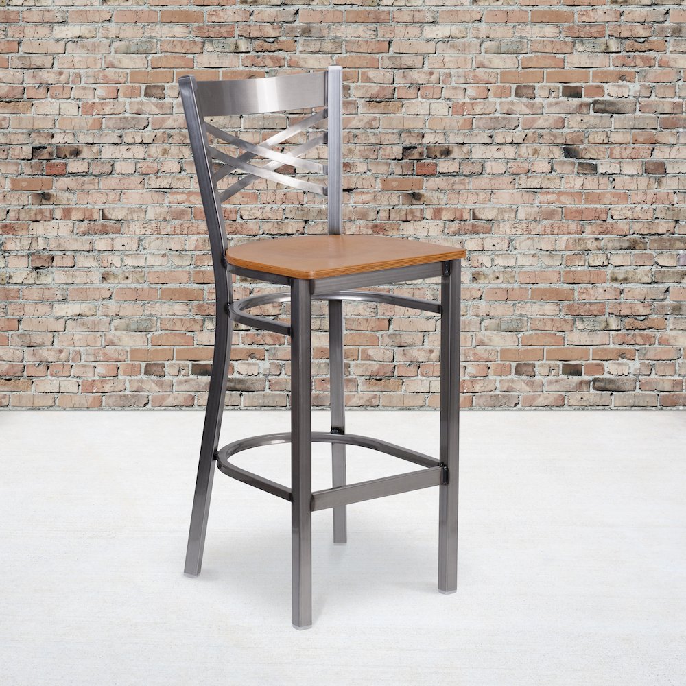 Clear Coated ”X” Back Metal Restaurant Barstool – Natural Wood Seat