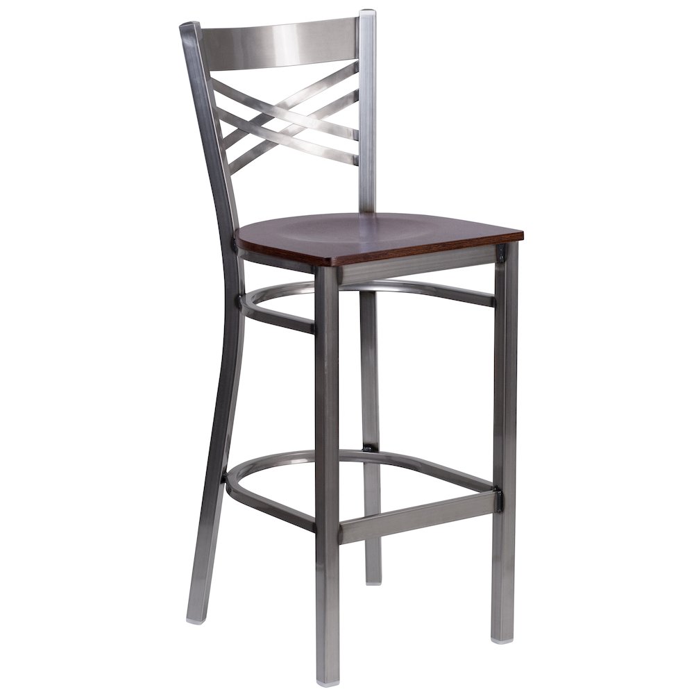 Clear Coated ”X” Back Metal Restaurant Barstool – Walnut Wood Seat