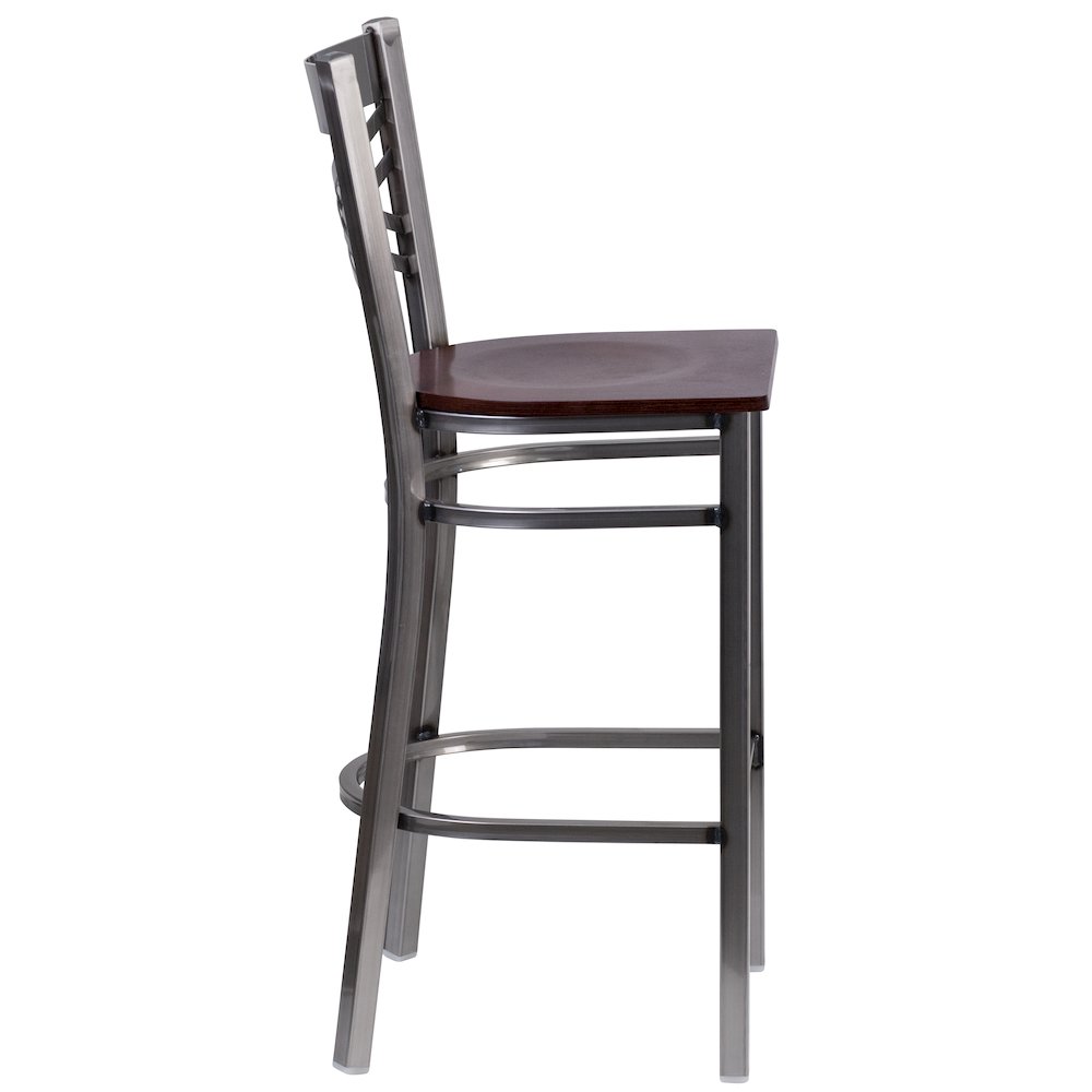 Clear Coated ”X” Back Metal Restaurant Barstool – Walnut Wood Seat