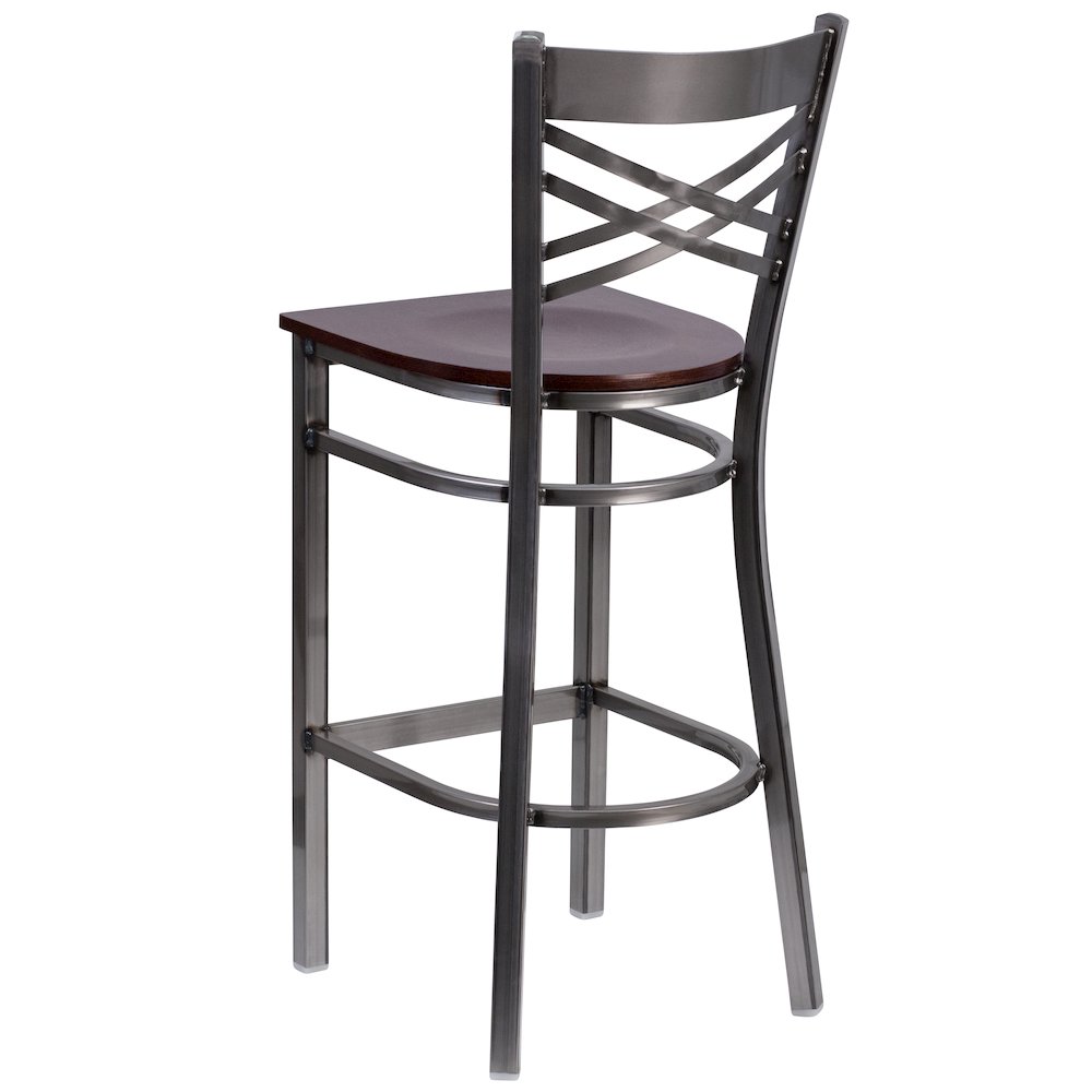 Clear Coated ”X” Back Metal Restaurant Barstool – Walnut Wood Seat