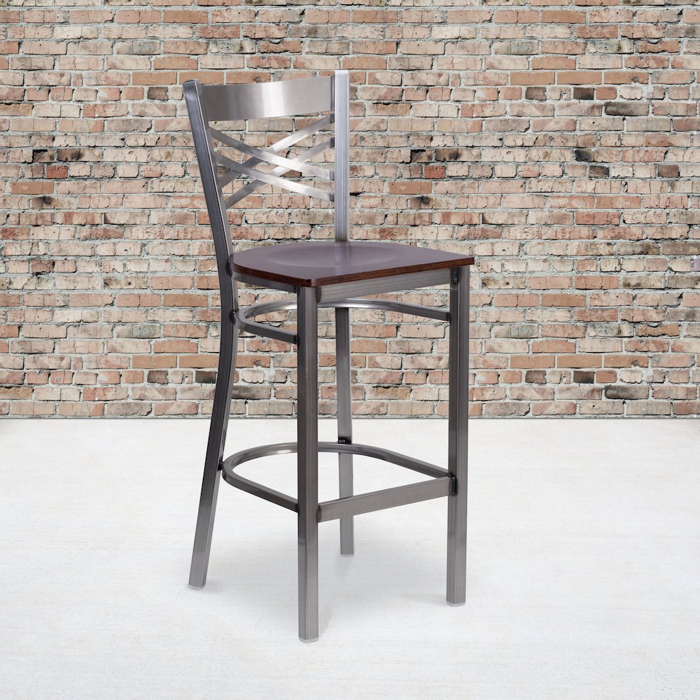 Clear Coated ”X” Back Metal Restaurant Barstool – Walnut Wood Seat