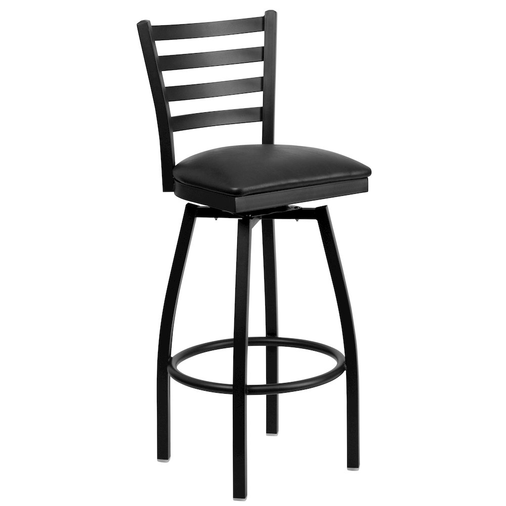 Black Ladder Back Swivel Metal Barstool – Black Vinyl Seat