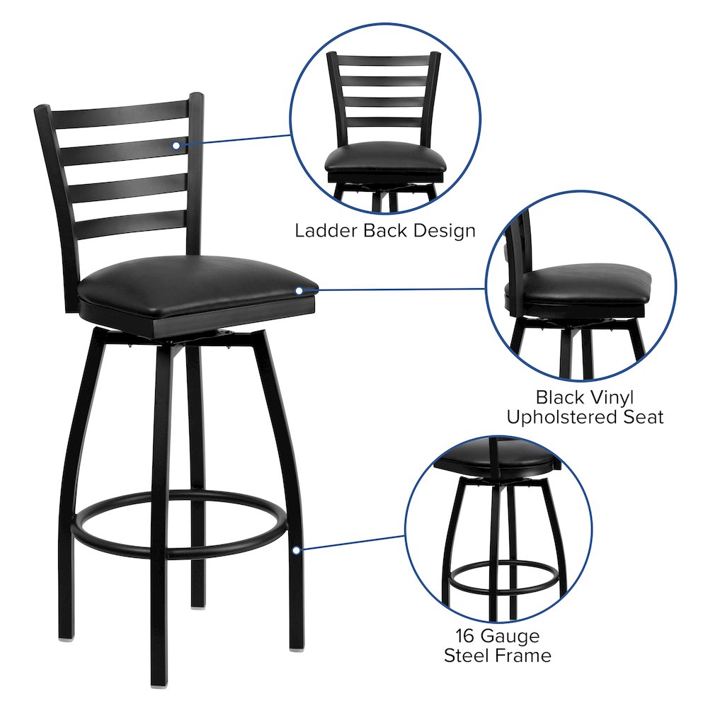Black Ladder Back Swivel Metal Barstool – Black Vinyl Seat
