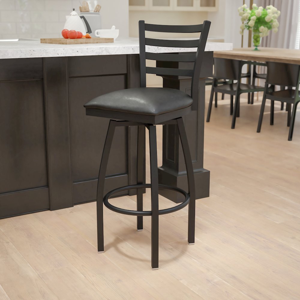 Black Ladder Back Swivel Metal Barstool – Black Vinyl Seat