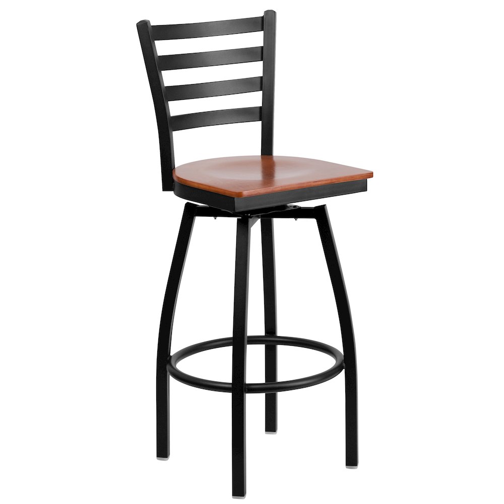 Black Ladder Back Swivel Metal Barstool – Cherry Wood Seat