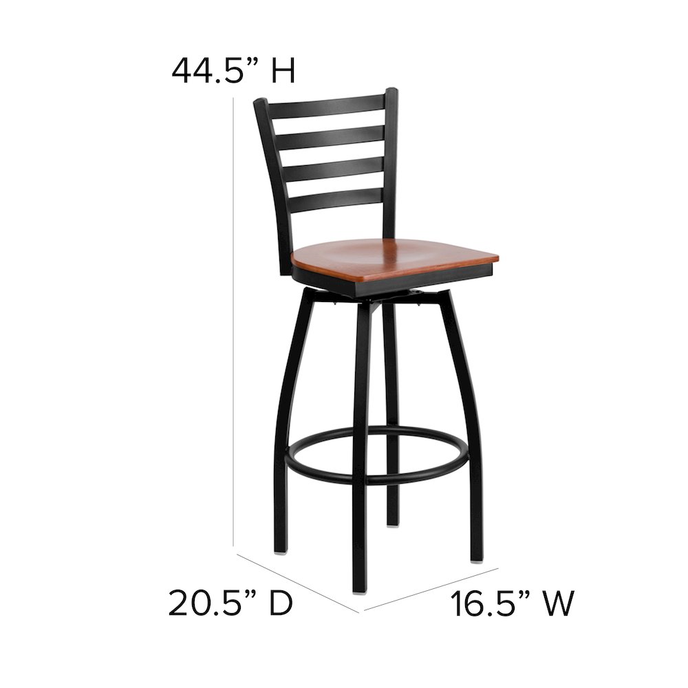 Black Ladder Back Swivel Metal Barstool – Cherry Wood Seat